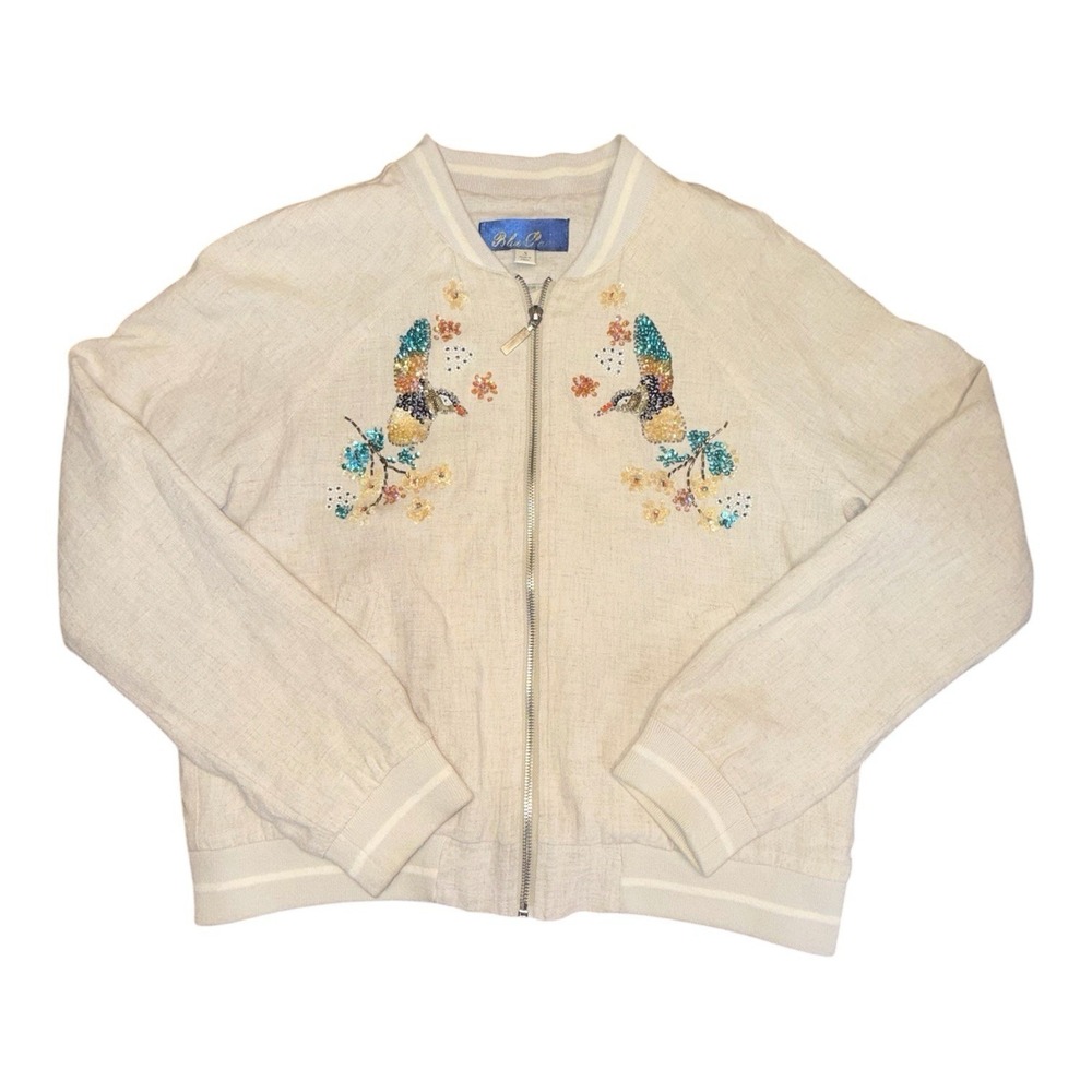 Blue Rain Hummingbird Embroidered Linen Bomber Jacket Sequin Beading
